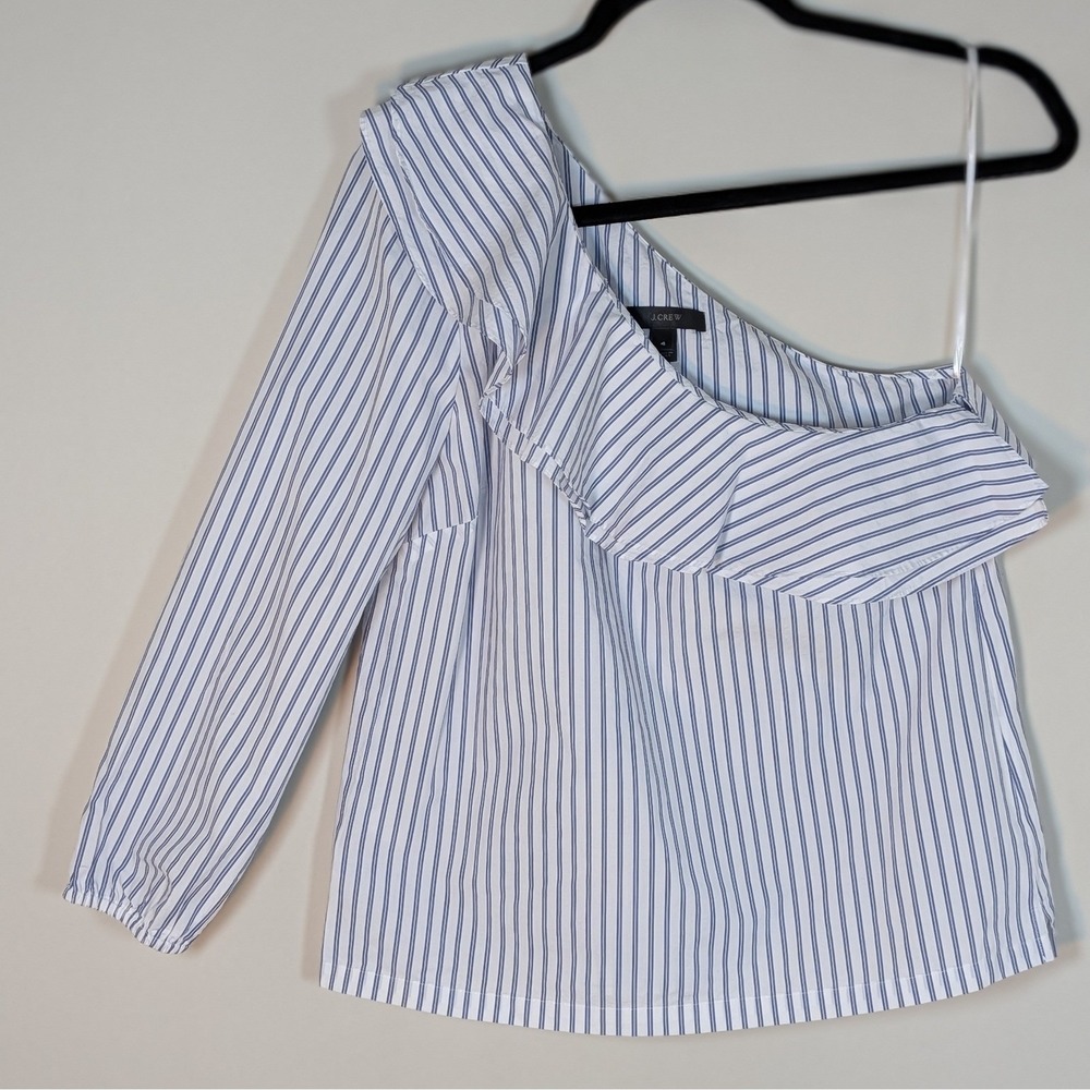 J.Crew One-Shoulder Ruffle Stripe Cotton Blouse Blue White Size 4 Long Sleeve